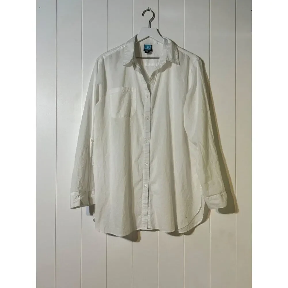 LM Beach Button Up Shirt White Cotton Roll Tab Sleeve Relaxed Fit Medium